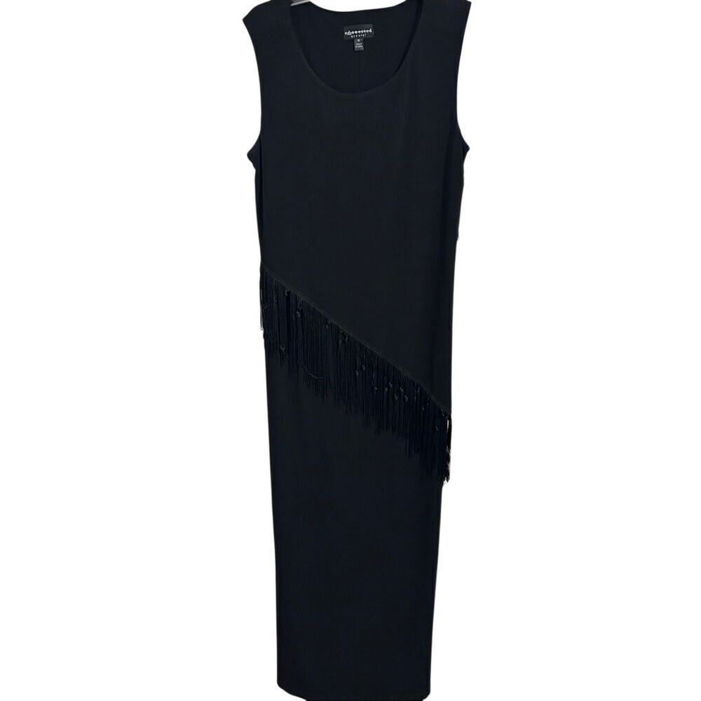Connected Apparel Black Tassel Fringe Diagonal Maxi Gown Dress Women's 10